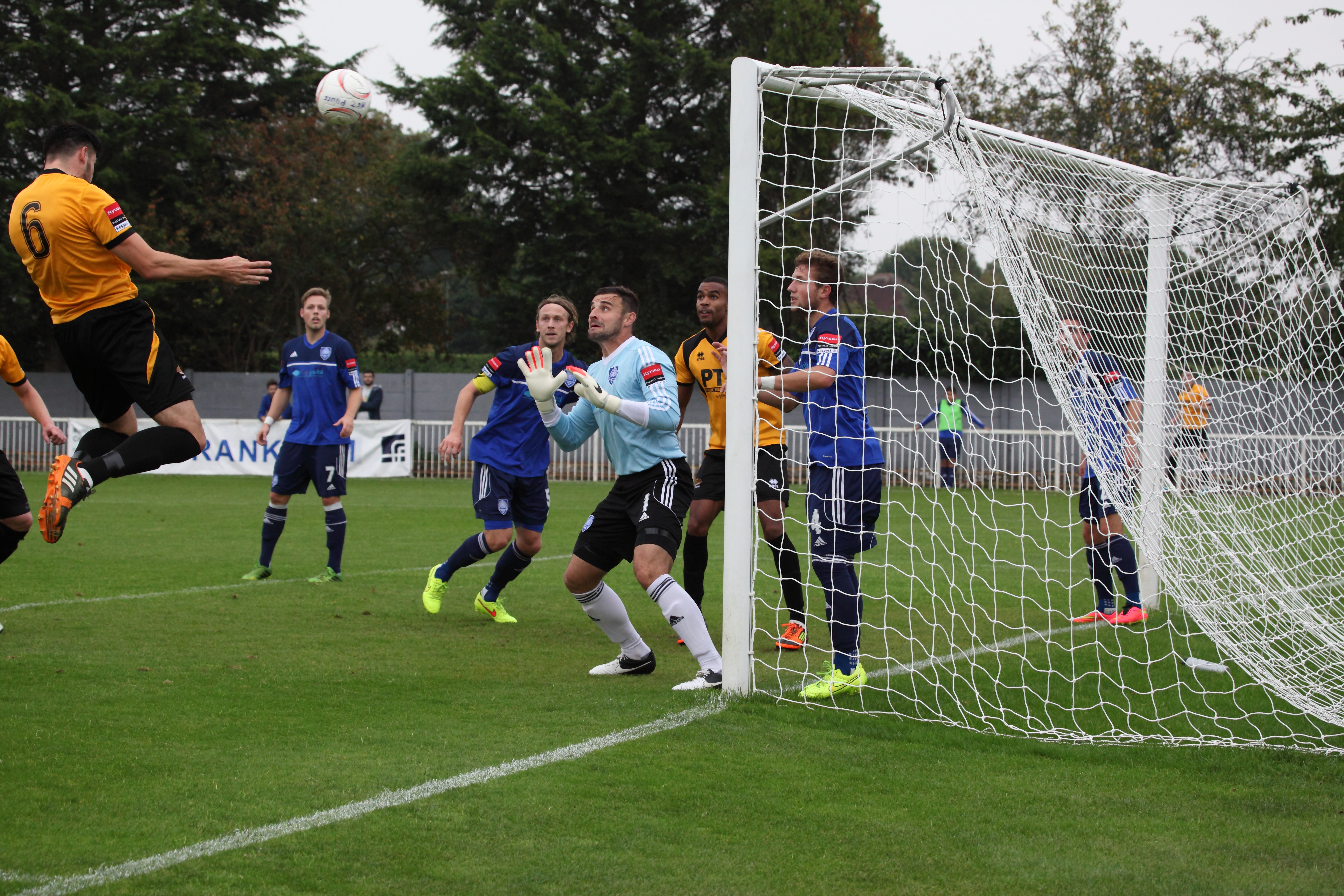 Bury Town score versus Met Police. Unmarked header at near post. 